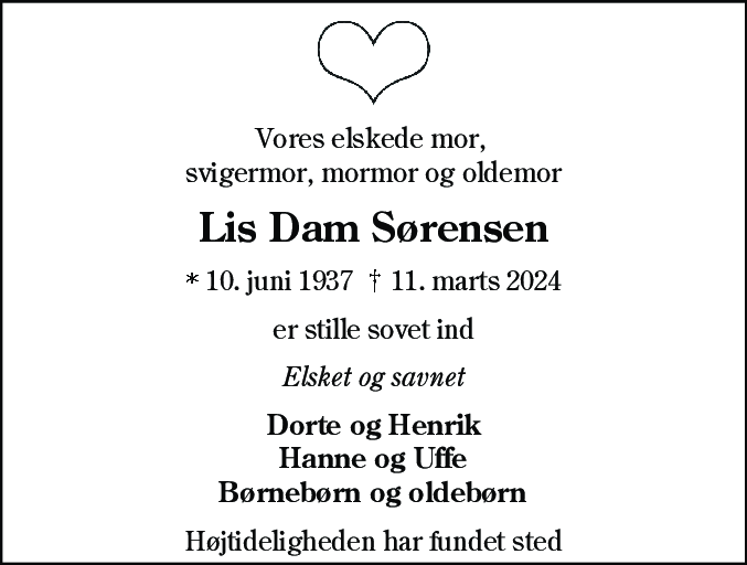 Dødsannonce for Lis Solveig Sørensen