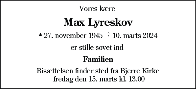 Dødsannonce for Max Lyreskov