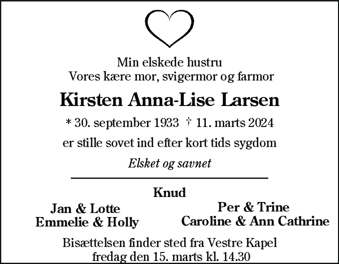 Dødsannonce for Kirsten Anna-Lise Larsen