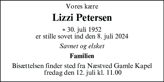 Dødsannonce for Lizzi Petersen