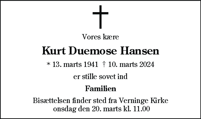 Dødsannonce for Kurt Duemose Hansen