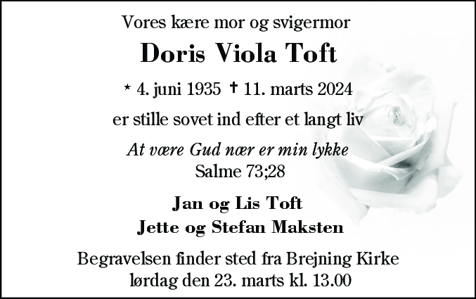 Dødsannonce for Doris Viola Toft