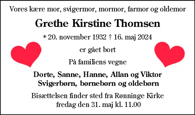 Dødsannonce for Grethe Kirstine Thomsen