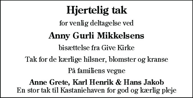 Dødsannonce for Anny Gurli Mikkelsen