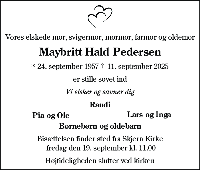 Dødsannonce for Maybritt Hald Pedersen