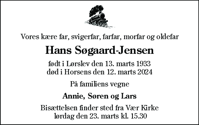 Dødsannonce for Hans Søgaard-Jensen