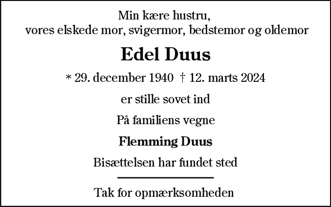 Dødsannonce for Edel Duus