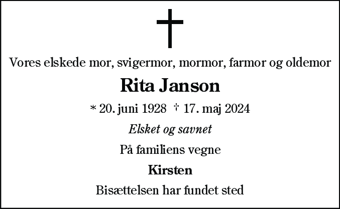 Dødsannonce for Rita Janson