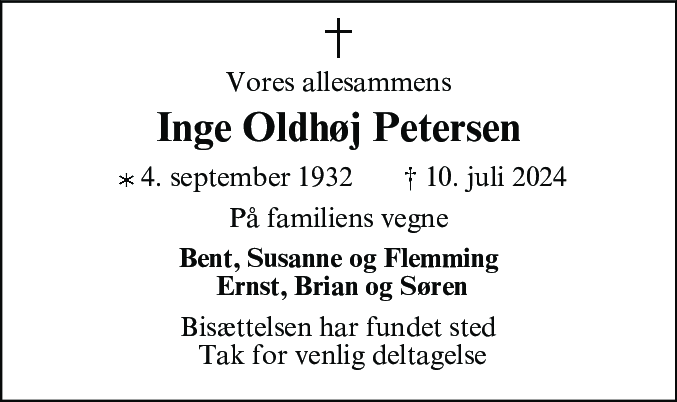 Dødsannonce for Inge Oldhøj Petersen