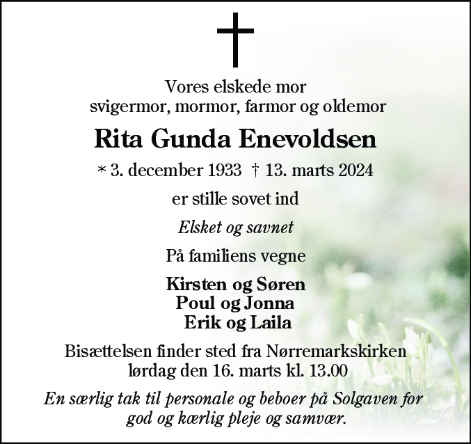 Dødsannonce for Rita Gunda Enevoldsen