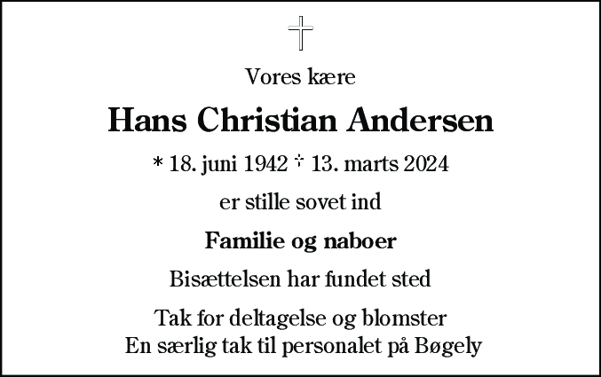 Dødsannonce for Hans Christian Andersen
