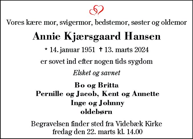 Dødsannonce for Annie Kjærsgaard Hansen