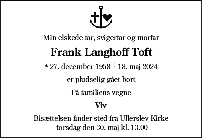 Dødsannonce for Frank Langhoff Toft