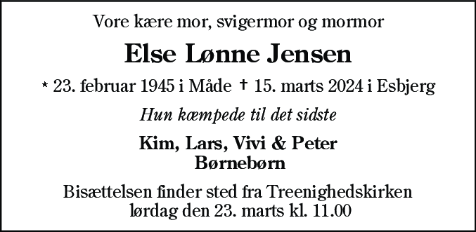Dødsannonce for Else Lønne Jensen