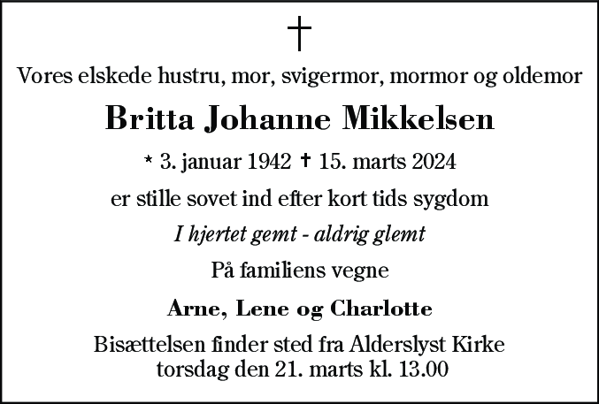 Dødsannonce for Britta Johanne Mikkelsen