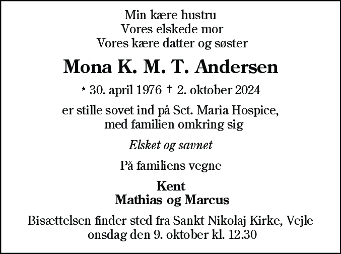 Dødsannonce for Mona Kristine Merrild Thygesen Andersen