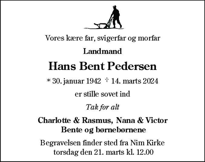 Dødsannonce for Hans Bent Pedersen