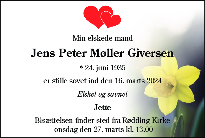 Dødsannonce for Jens Peter Møller Giversen