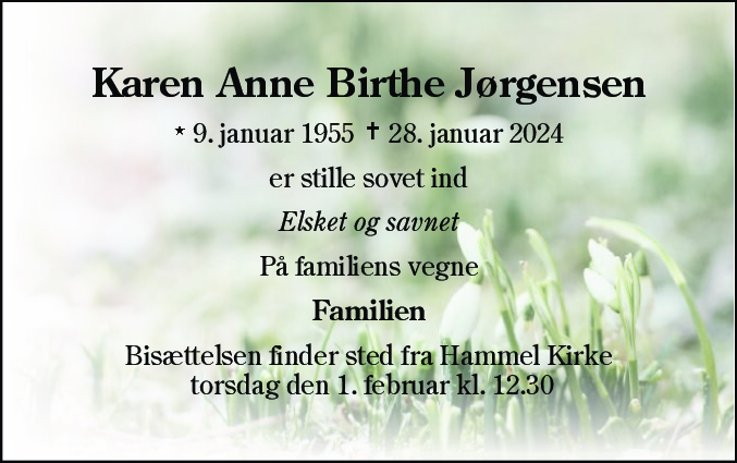 Dødsannonce for Karen Anne Birthe Jørgensen