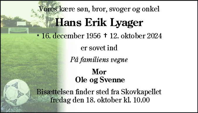 Dødsannonce for Hans Erik Lyager