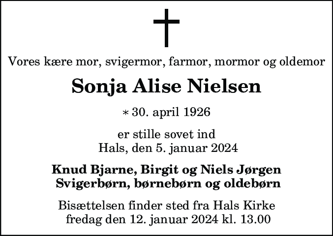Dødsannonce for Sonja Alise Nielsen