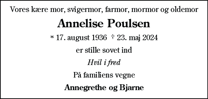 Dødsannonce for Annelise Poulsen