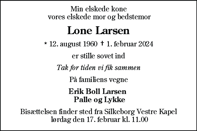 Dødsannonce for Lone Larsen