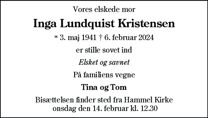 Dødsannonce for Inga Kristensen