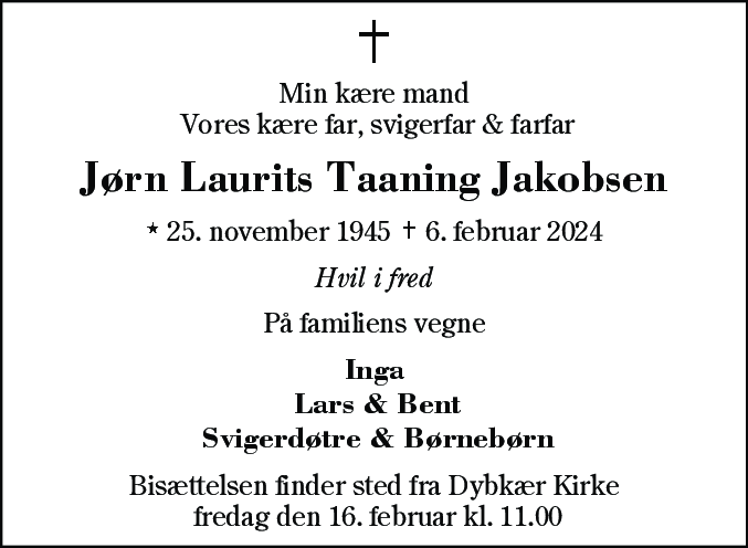 Dødsannonce for Jørn Laurits Taaning Jakobsen