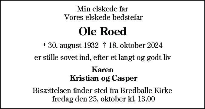 Dødsannonce for Ole Roed