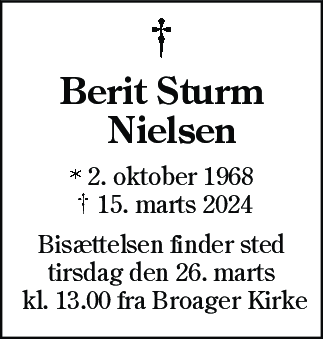 Dødsannonce for Berit Sturm Nielsen