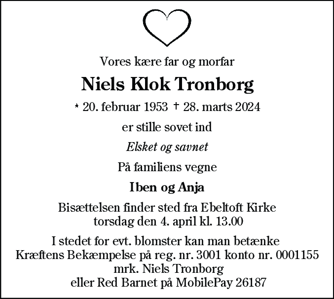 Dødsannonce for Niels Klok Tronborg