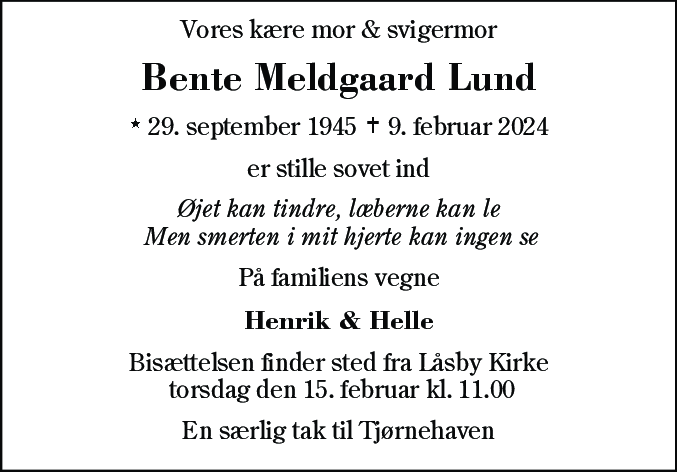 Dødsannonce for Bente Meldgaard Lund