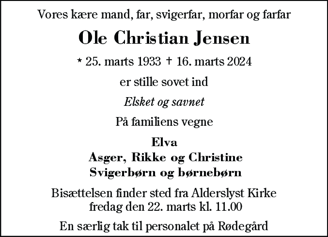 Dødsannonce for Ole Christian Jensen