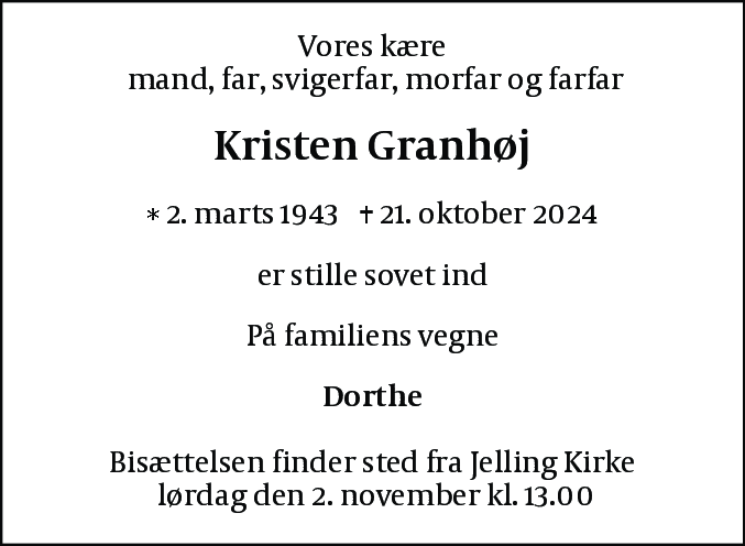 Dødsannonce for Kristen Granhøj