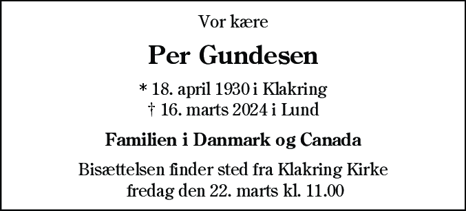 Dødsannonce for Per Gundesen