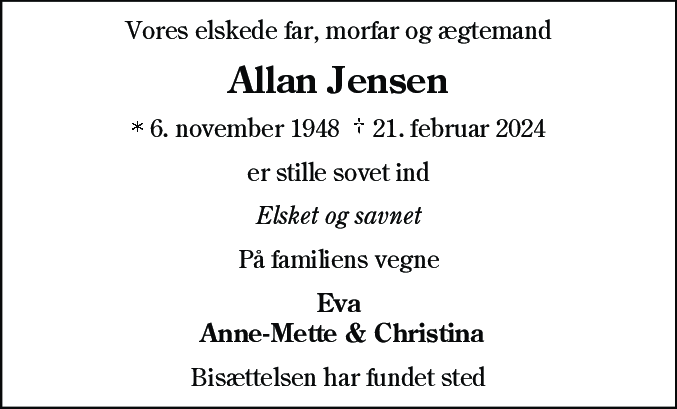 Dødsannonce for Allan Jensen