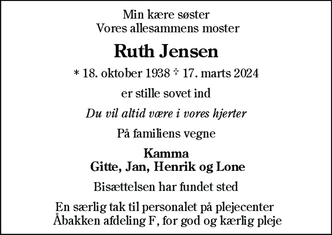 Dødsannonce for Ruth Jensen
