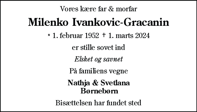 Dødsannonce for Milenko Ivankovic-Gracanin