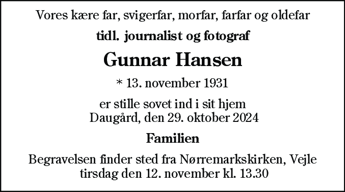 Dødsannonce for Gunnar Hansen