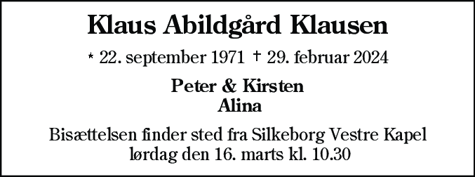 Dødsannonce for Klaus Abildgård