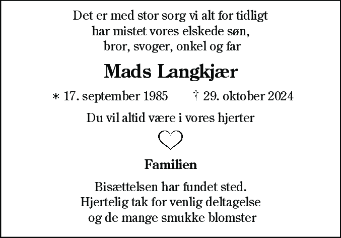 Dødsannonce for Mads Langkjær
