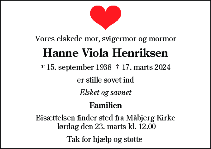 Dødsannonce for Hanne Viola Henriksen