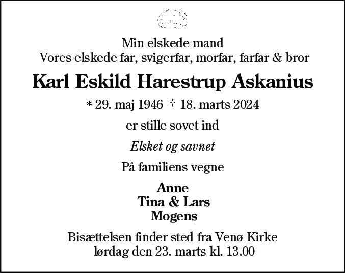 Dødsannonce for Karl Eskild Harestrup Askanius