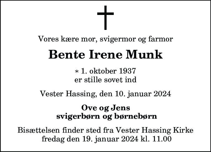 Dødsannonce for Bente Irene Munk