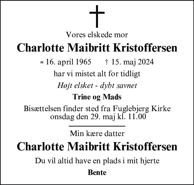 Dødsannonce for Charlotte Maibritt Kristoffersen