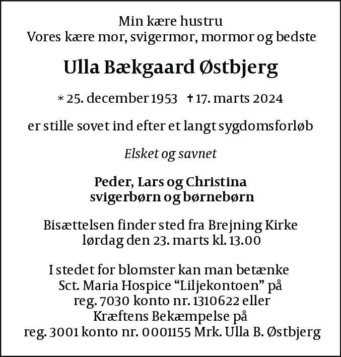 Dødsannonce for Ulla Bækgaard Østbjerg