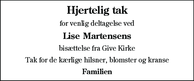 Dødsannonce for Lise Hoberg Martensen