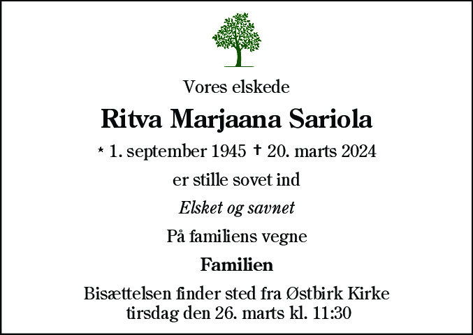Dødsannonce for Ritva Marjaana Sariola