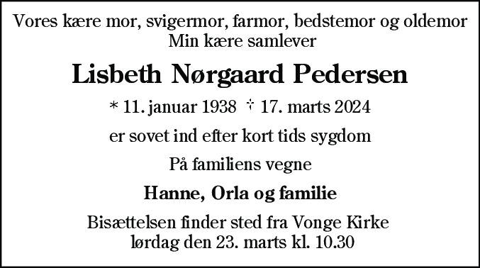 Dødsannonce for Anna Elisabeth Nørgaard Pedersen